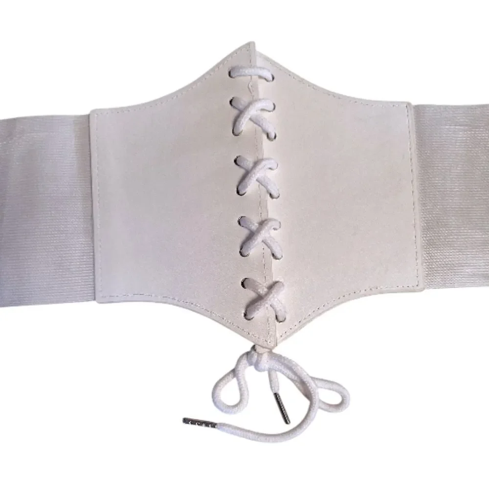 White Vegan Leather Under Breast Corset Stretch Lace‎ Up Belt One Size